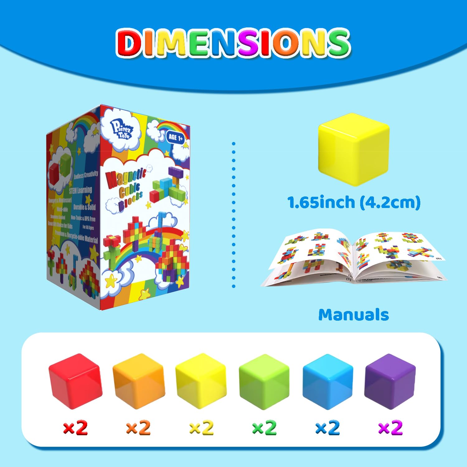 Magnetic Building Blocks Large, 1.65 inch Magnetic Stacking Cubes for Toddlers, Sensory &