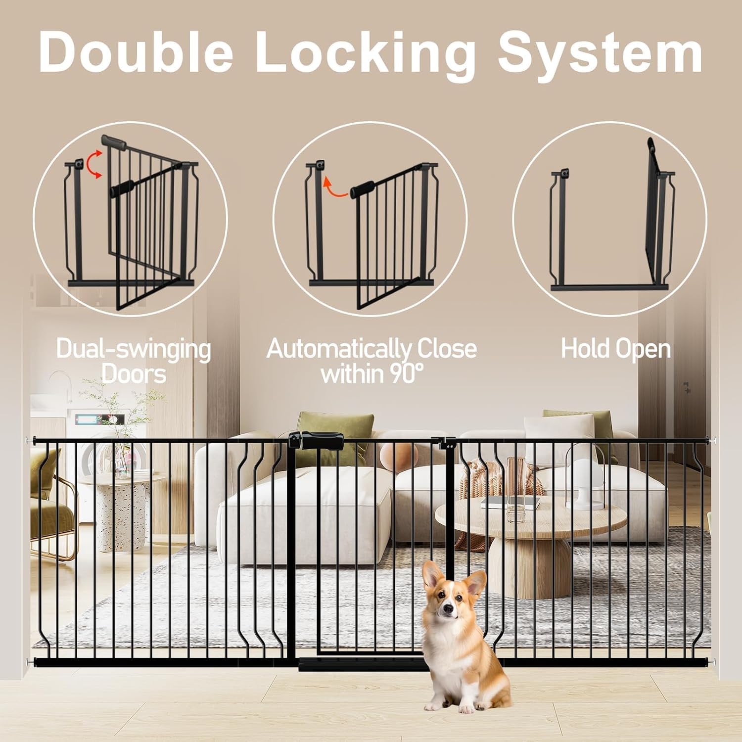 WAOWAO Baby Gate 52.76-62.2" Extra Wide Pressure Mounted Walk Through Swing Auto Close Safety Black