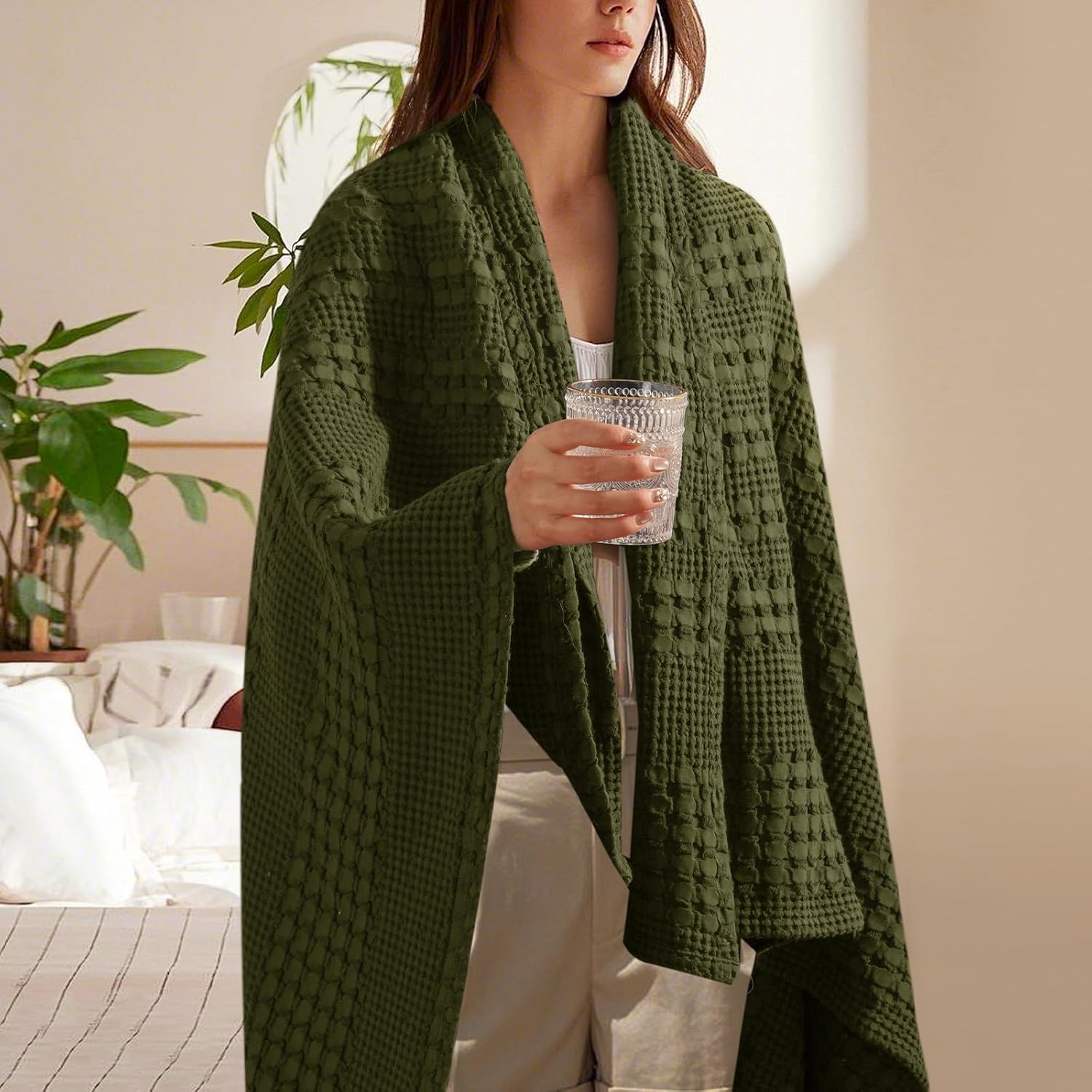 PHF 100% Cotton Waffle Weave Throw Blanket, Soft Lightweight Breathable Cozy Summer Throws for