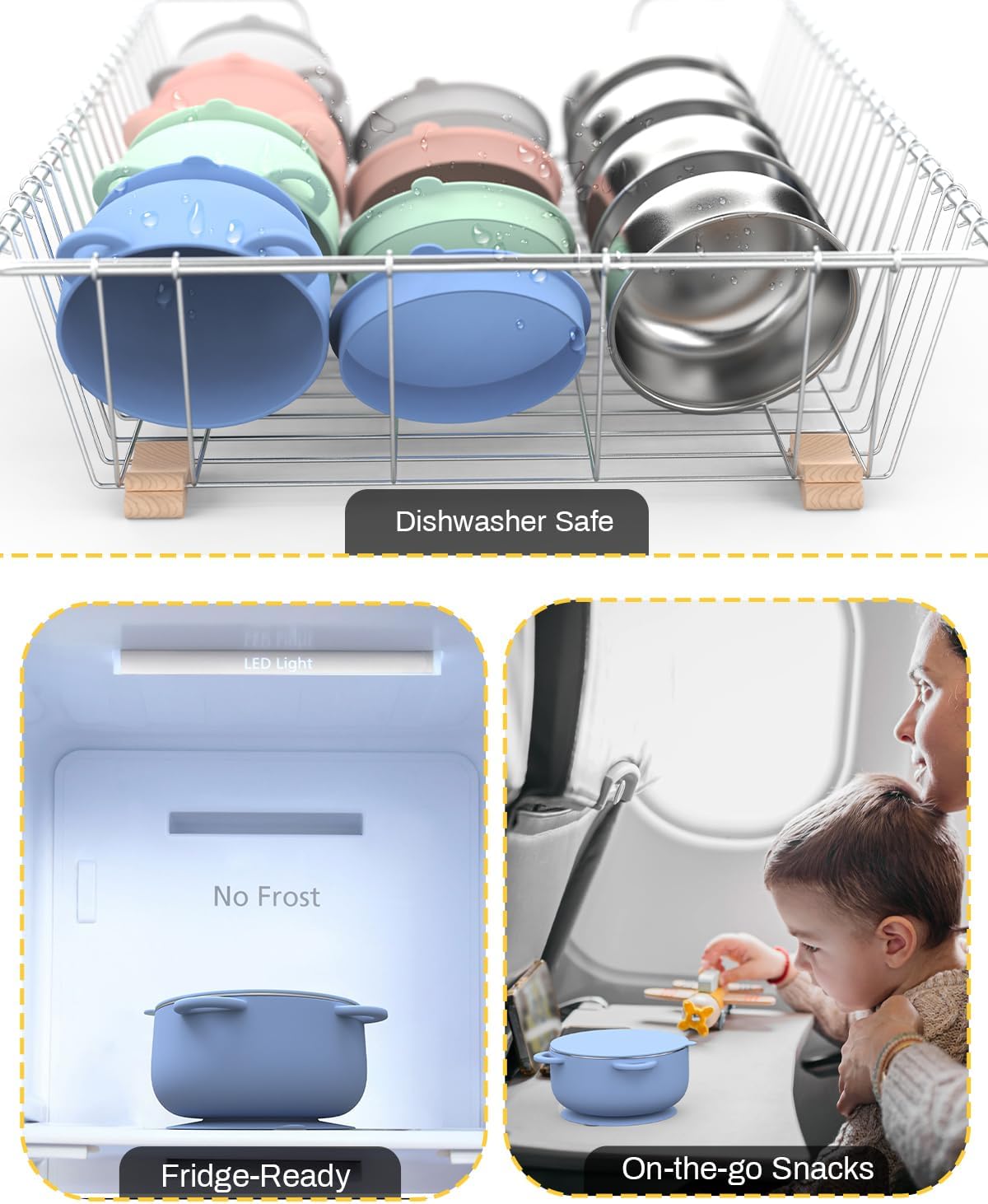 Baby Suction Bowls with Lids 4-Pack, 2-in-1 Stainless Steel 304 Toddler Bowl & Removable Silicone