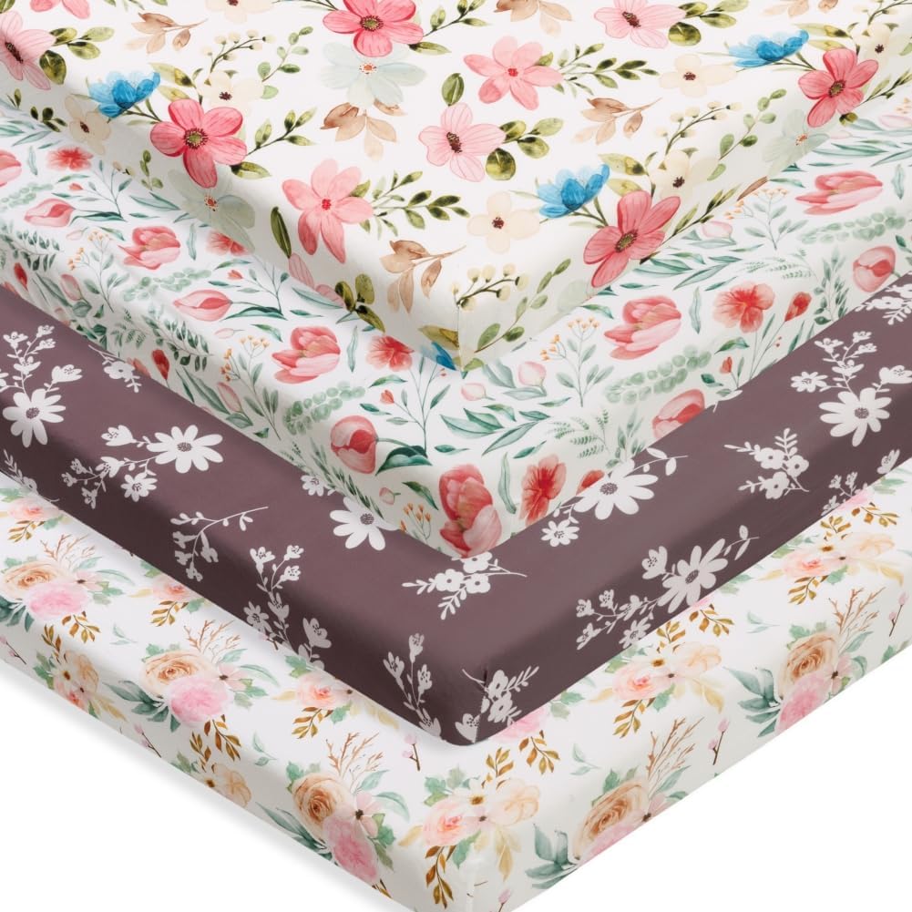 4 Pack Baby Girl Pack N Play Mini Crib Sheets Set Soft Fitted Floral Theme Baby Girl Mattress