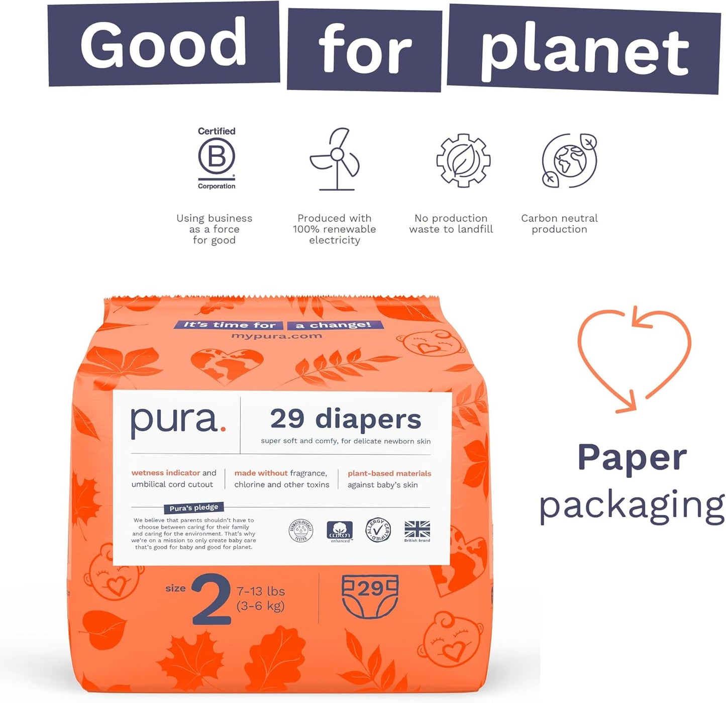Pura Hypoallergenic Diapers, Size 2 (7-13 lbs) Totally Chlorine Free, Wetness Indicator, Suitable