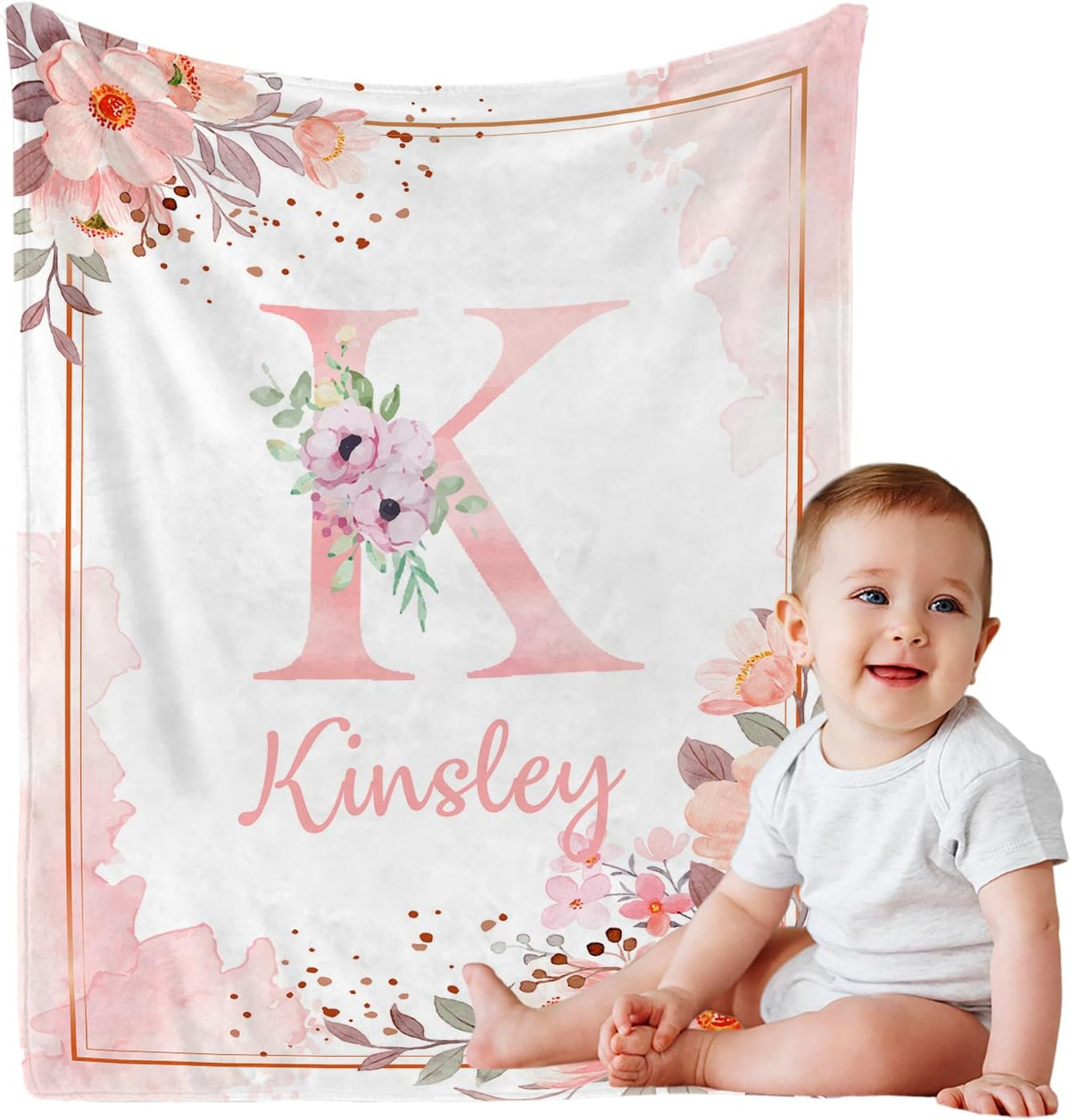 Personalized Baby Blanket with Name, Custom Floral Name Blanket Toddler Girls Soft Flannne