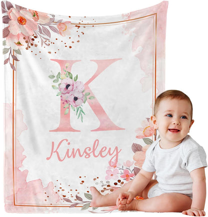 Personalized Baby Blanket with Name, Custom Floral Name Blanket Toddler Girls Soft Flannne