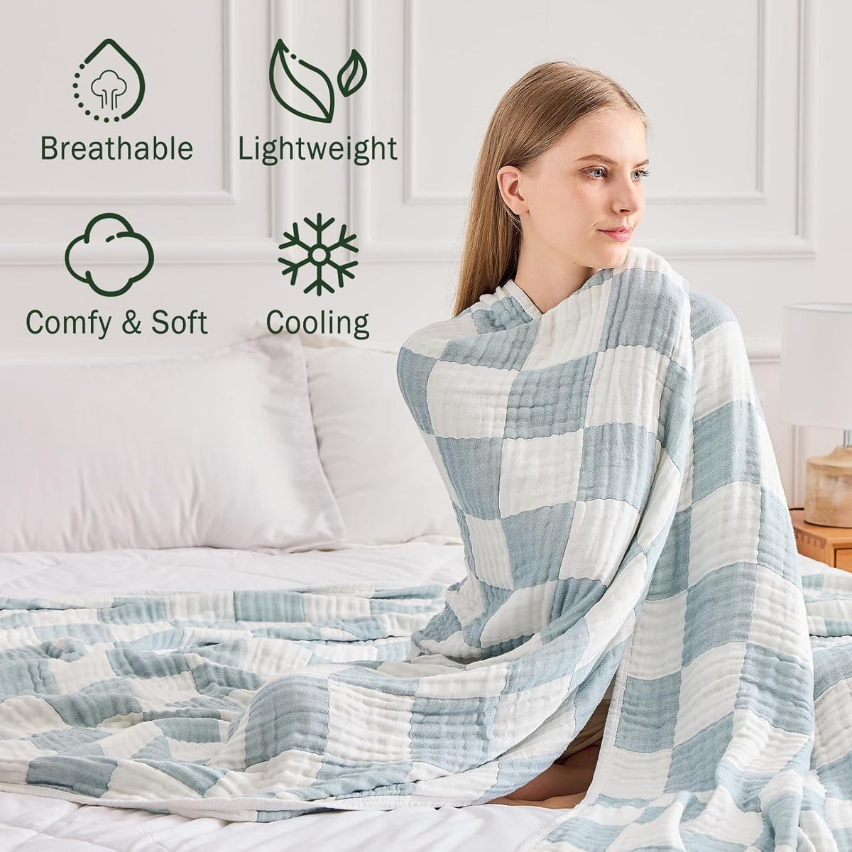 EMME Checkered Cotton Blanket Twin Large 60"x80" 100% Muslin for Couch Breathable Cooling Gauze All