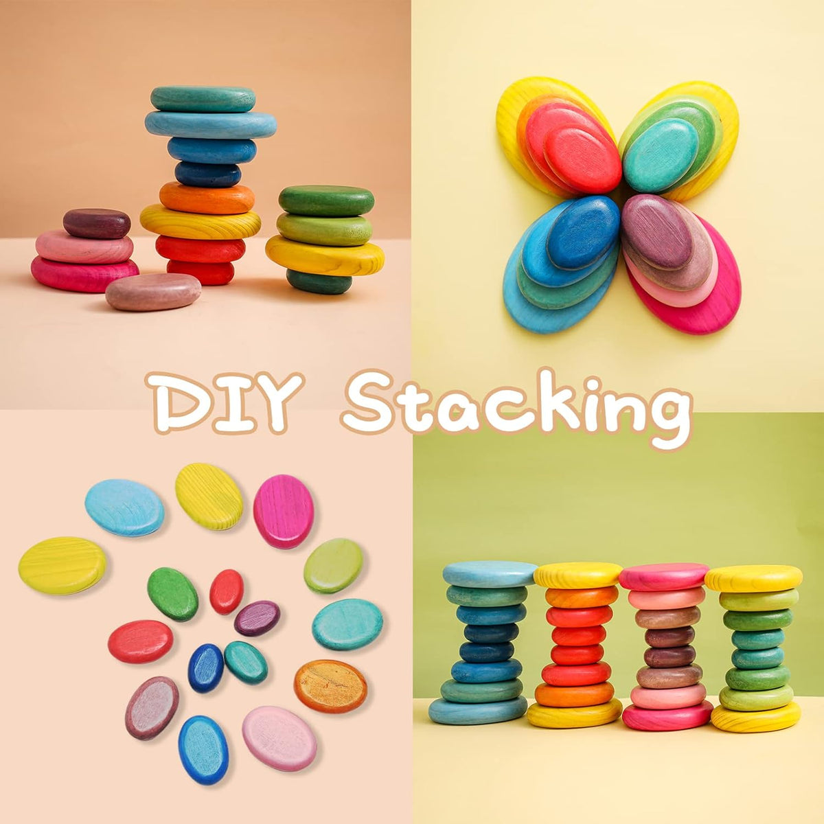 OESSUF 16pcs Extra-Large Wooden Sorting Stacking Rocks - Safe Montessori Toys for 1-3 Year Old