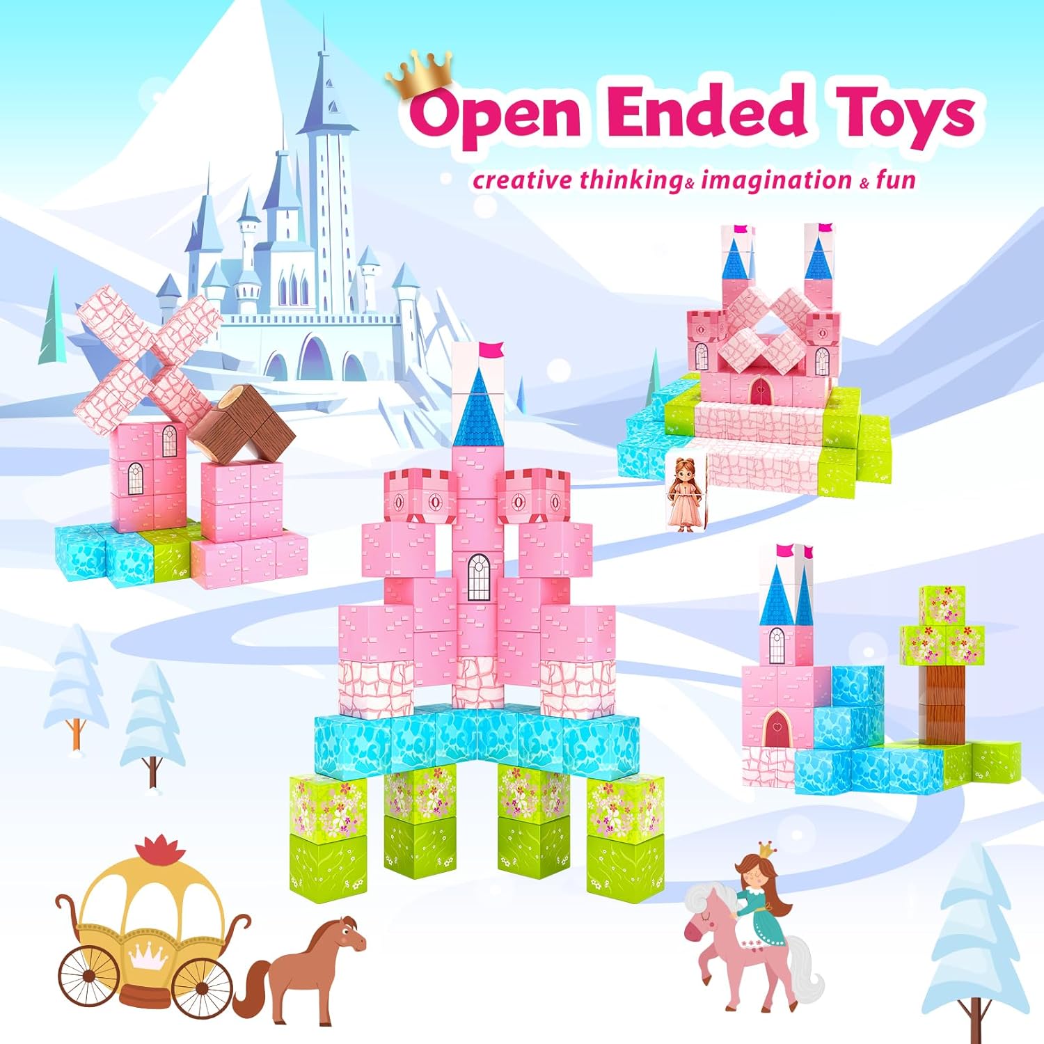 64 Pcs Magnetic Blocks-Princess Castle Collection World,Magnetic Building Blocks for 3+ Year Old