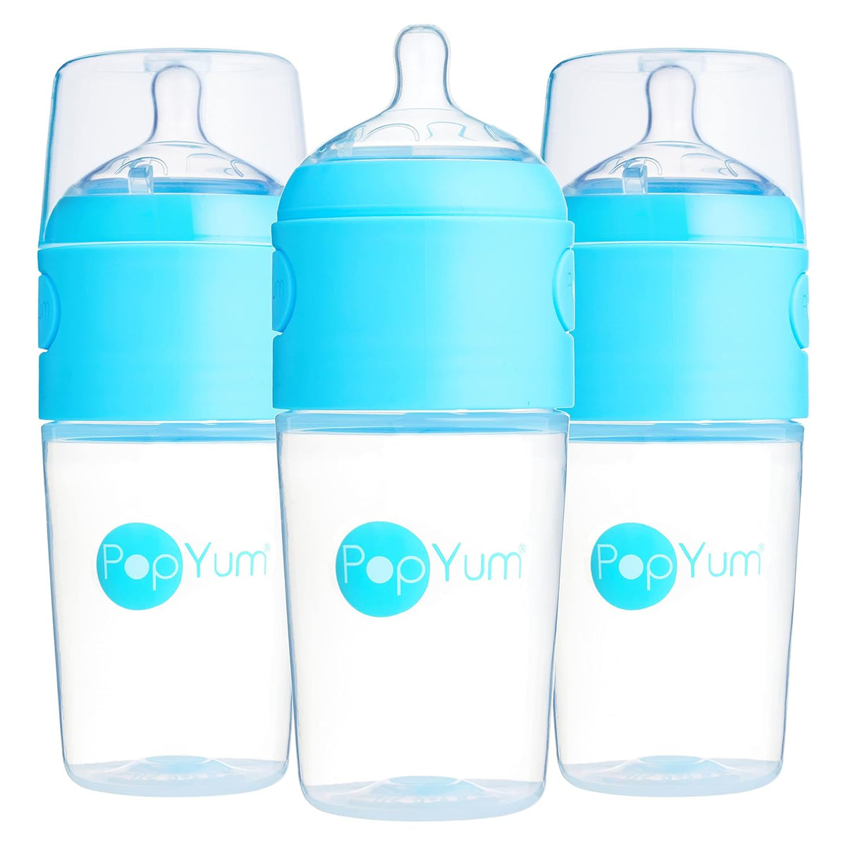 PopYum 9 oz Blue Anti-Colic Formula Making/Mixing/Dispenser Baby Bottles, 3-Pack with #2 Medium