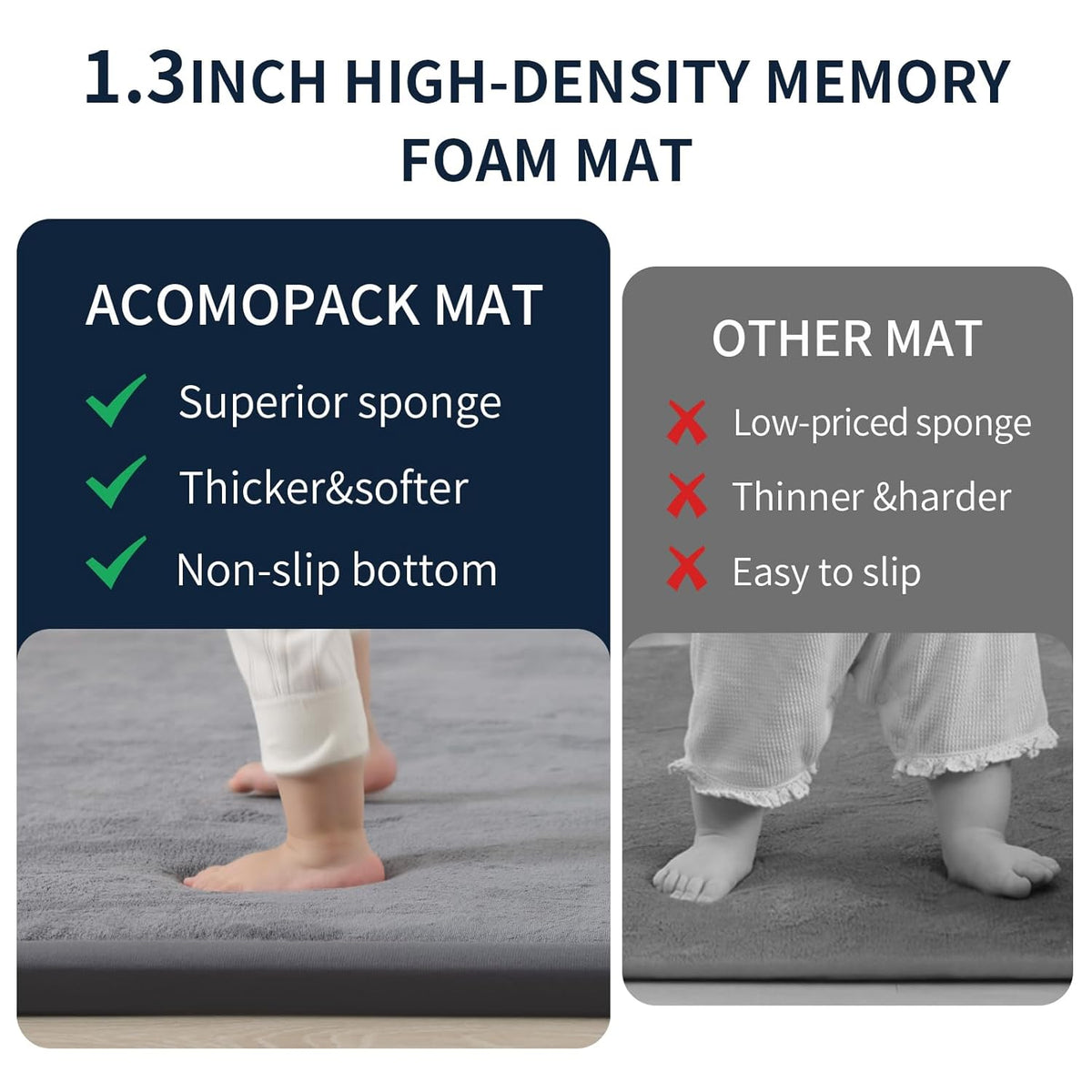 ACOMOPACK Baby Play Mat for Floor 1.3" Thick Memory Foam Play Mat 59"×71" Tummy Time Crawling with