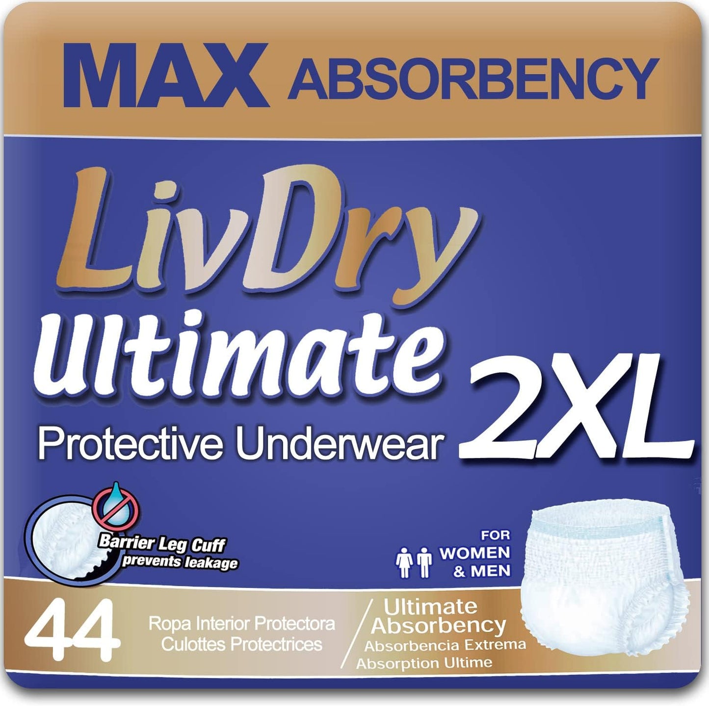 LivDry Ultimate XXL Adult Incontinence Underwear, High Absorbency, Leak Cuff Protection, XX-Large