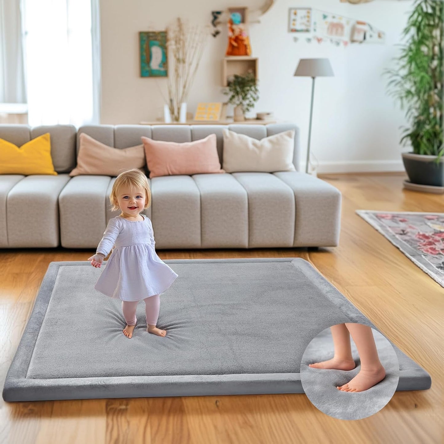 Ultra Soft 1.3" Thick Baby Play Mat for Floor, Large Velvet 50x50 Playpen Mat, Baby-Safe & Non-Slip