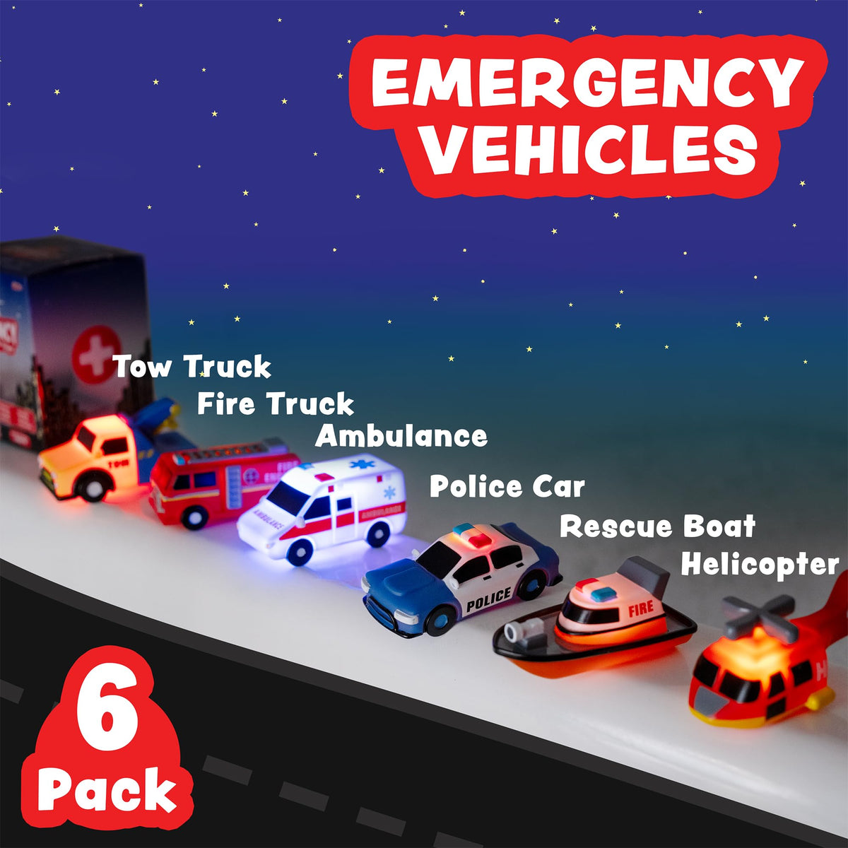 Tub Works® Emergency™ Cars Light Up Bath Toys, 6 Pack | Water-Activated Light Up Toys Flash &