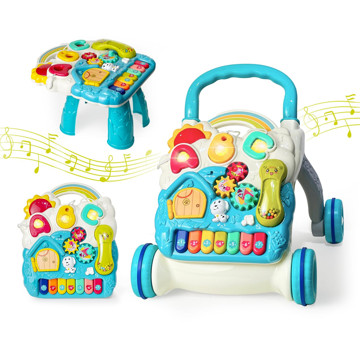 Sit to Stand Baby Walker Toy, Activity Center with Music and Light, Blue