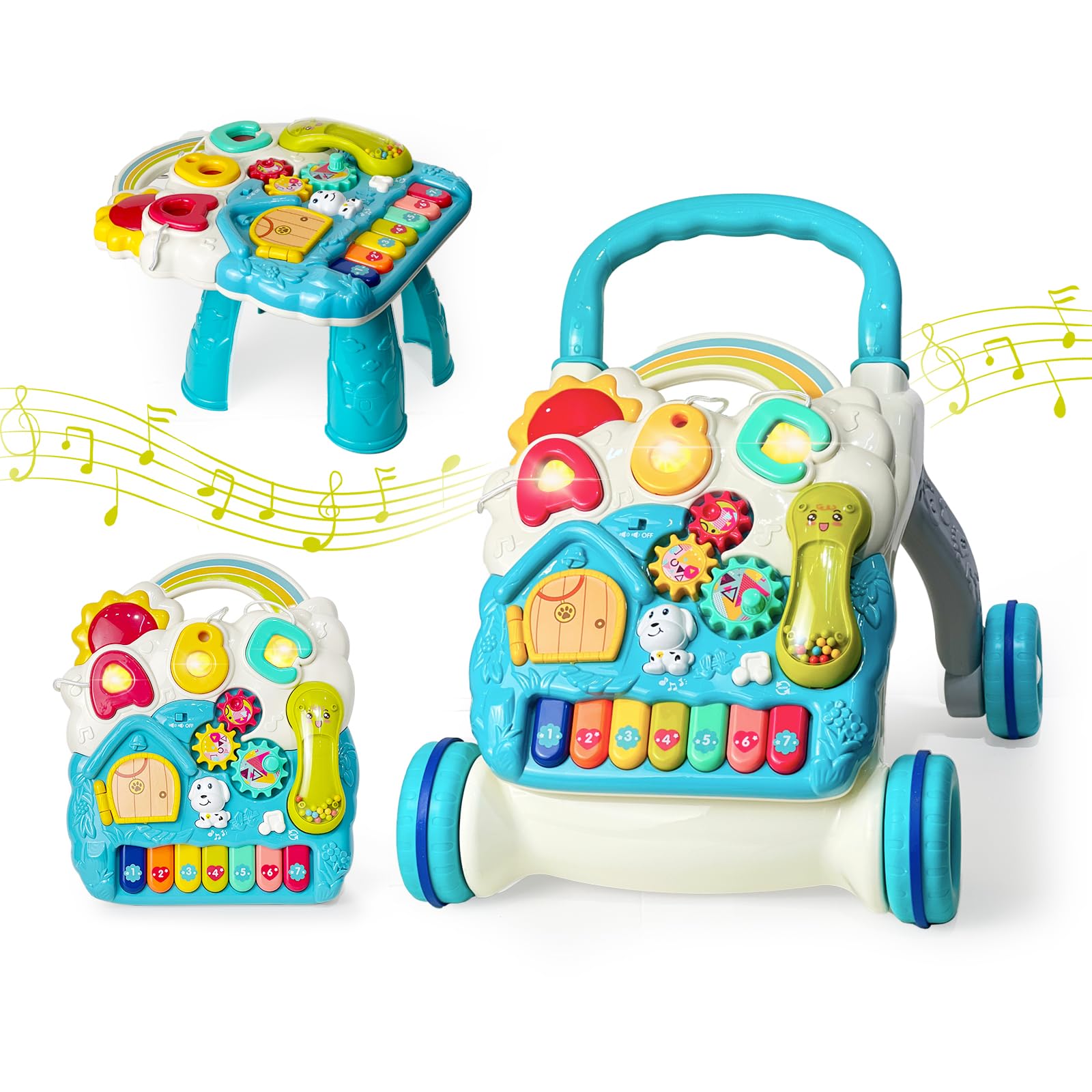 Sit to Stand Baby Walker Toy, Activity Center with Music and Light, Blue