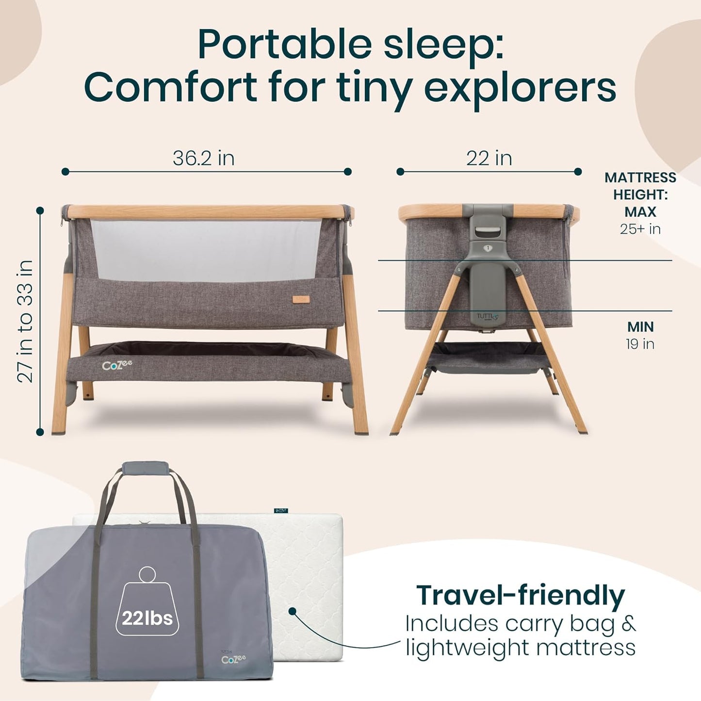 CoZee® 2-in-1 Baby Bassinet & Bedside Sleeper - Fast-Folding Bedside Bassinet, Baby Crib with 6
