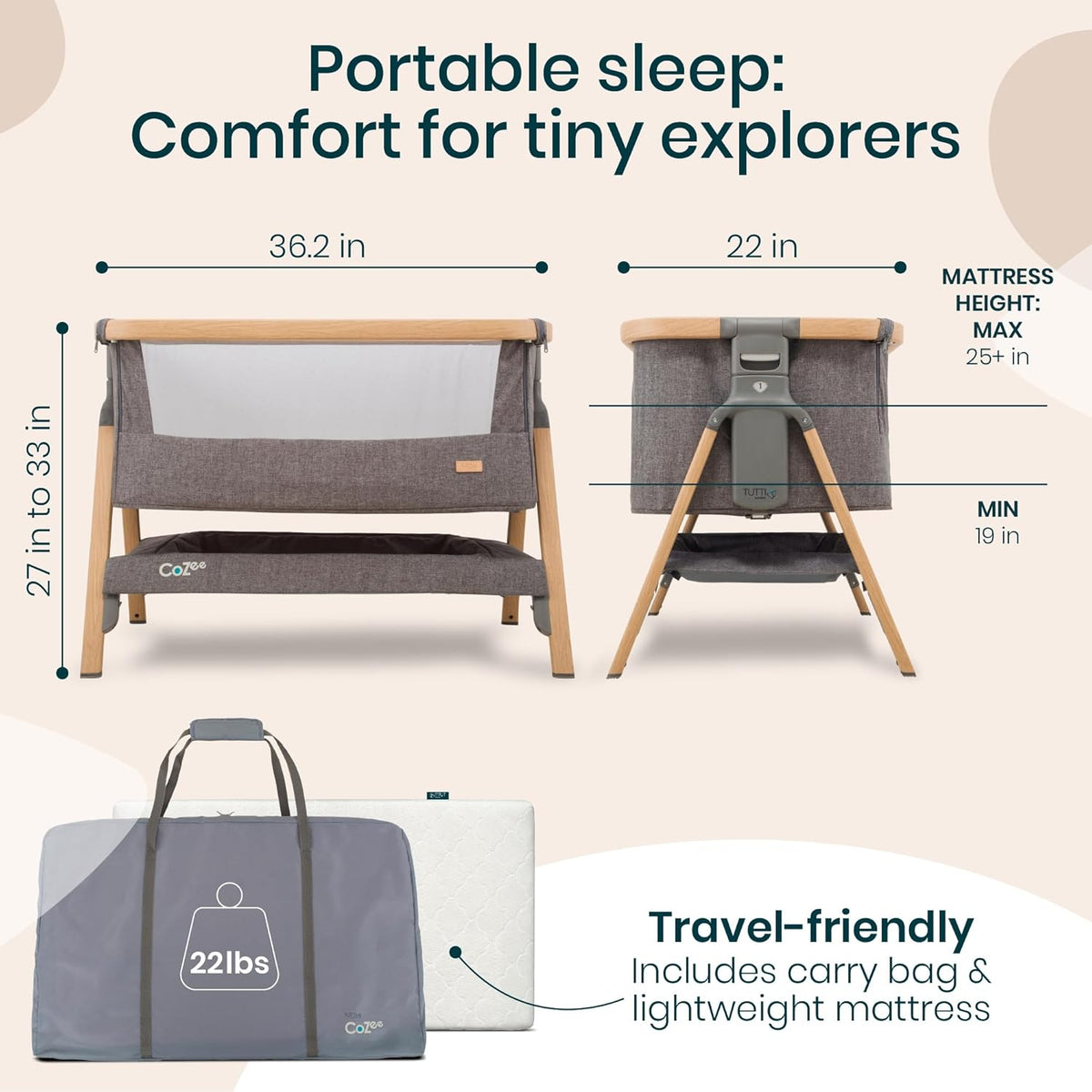 CoZee® 2-in-1 Baby Bassinet & Bedside Sleeper - Fast-Folding Bedside Bassinet, Baby Crib with 6