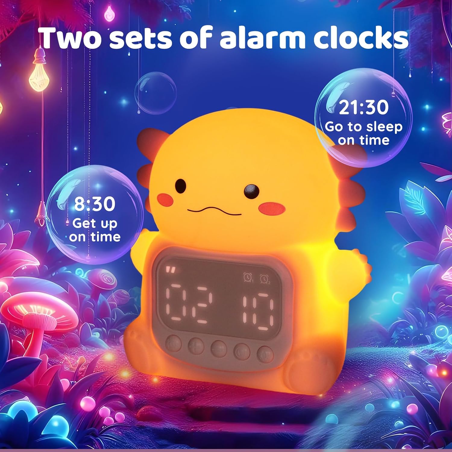 Axolotl Alarm Clock with Night Light for Kids, Rechargeable Silicone Lamp Time to Wake Clock，Cute
