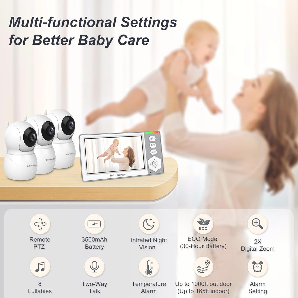Baby Monitor with 3 Cameras Standby for 23-Hour Battery, Remote Control 4.3'' IPS Video Baby