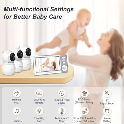 Baby Monitor with 3 Cameras Standby for 23-Hour Battery, Remote Control 4.3'' IPS Video Baby