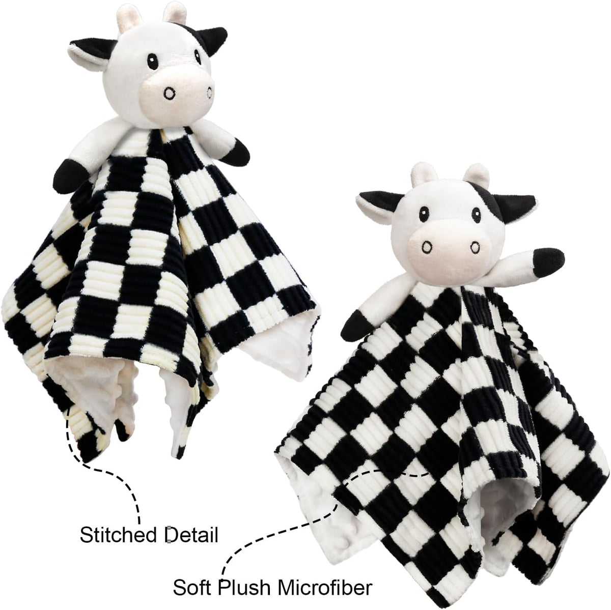 Cow High Contrast Baby Security Blanket for Babies, Soft 3D Checkerboard Lovey with Minky Dot