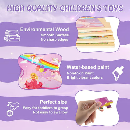 Wooden Puzzles Toys for Kids Ages 3-5, Set of 4 Packs with 20-Piece Unicorn Mermaid Princess Wood