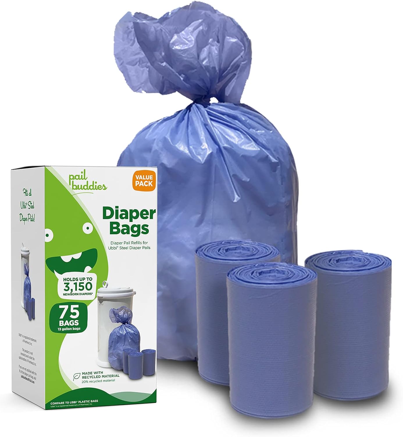 Pail Buddies Diaper Bags, 75 Count, Fresh Powder Scent, Compatible with Ubbi Diaper Pail, Made with