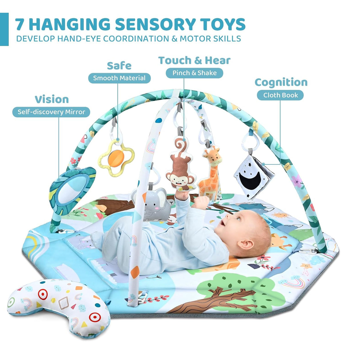 Baby Gym Play Mat, 8-in-1 Tummy Time Mat & Ball Pit with 6 Toys, Washable Baby Activity Play Mat