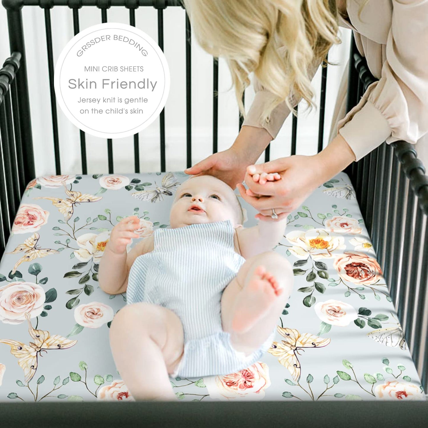GRSSDER Stretchy Ultra Soft Jersey Knit Fitted Pack n Play Sheets Set 2 Pack, Portable/Mini Crib