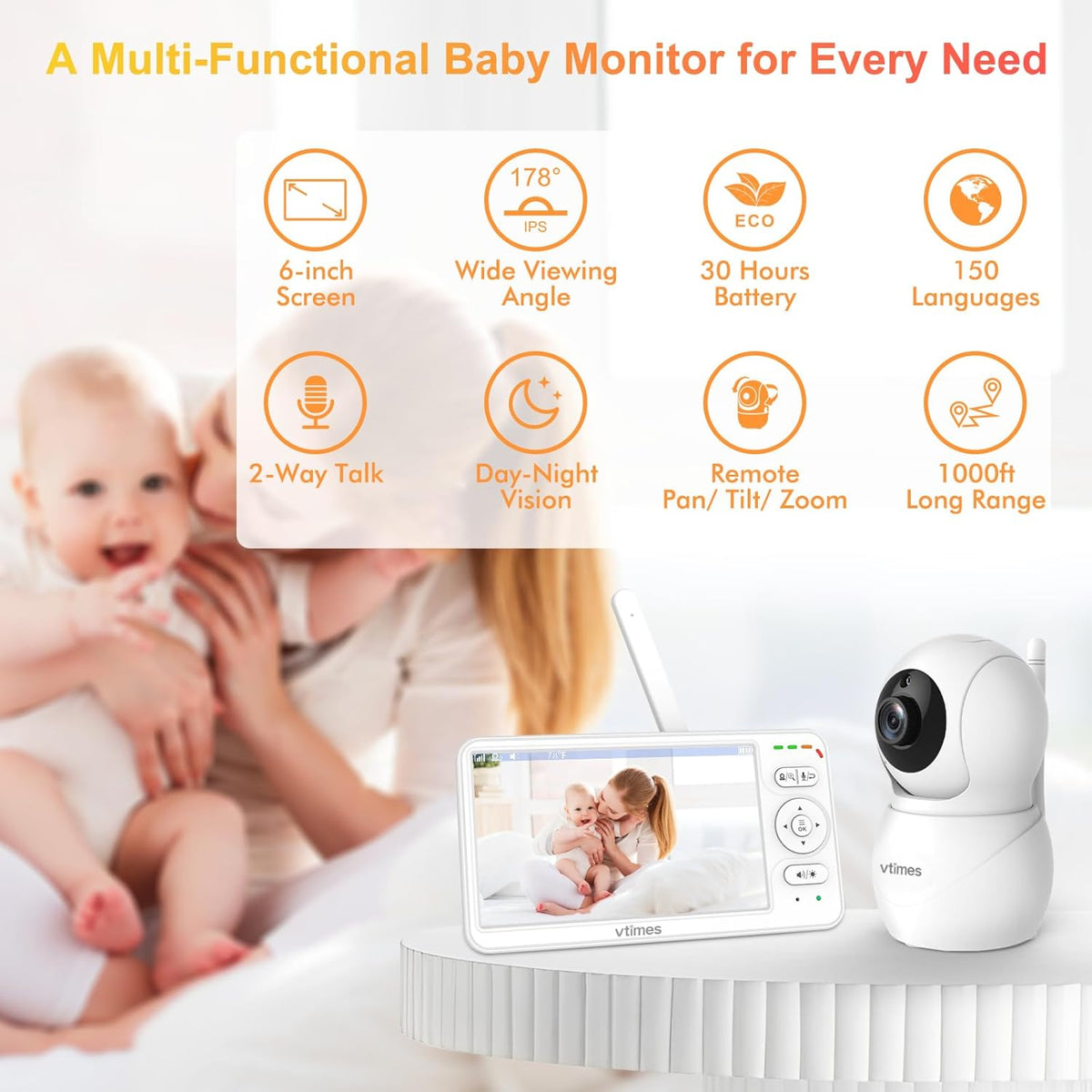 Baby Monitor with Camera and Audio, 6'' IPS Screen with 30-Hour Battery, Baby Monitor No WiFi Night