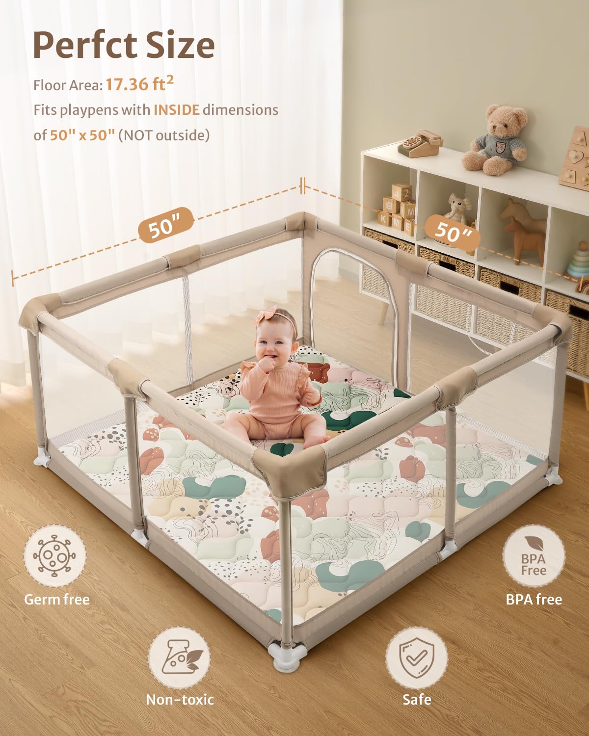 Blissful Diary Baby Play Mats for Floor, 50x50 Inch Crawling Mat for Playpen, Thicken Padding Foam