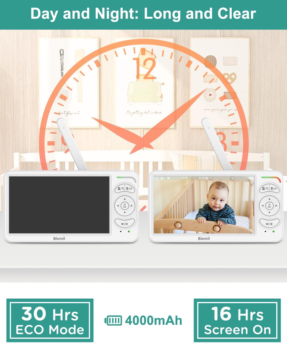 6" Baby Monitor with 2 Cameras 4000mAh Battery Upgrade Split Screen Video Baby Monitor No WiFi