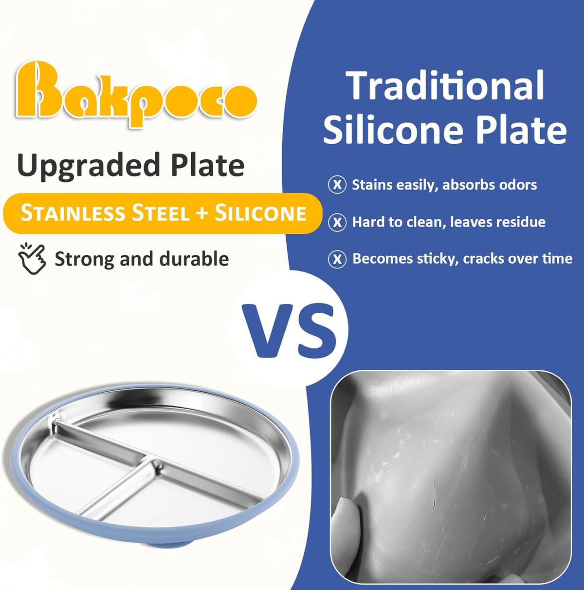 Stainless Steel Suction Plates for Toddlers, 9" Divided Kids Baby Plates with Removable Silicone