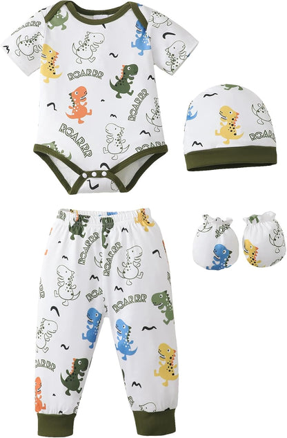 NZRVAWS Newborn Baby Boy Girl Clothes Unisex Infant Romper Pants Set Hat 4-Pack Outfits 0-12 Months