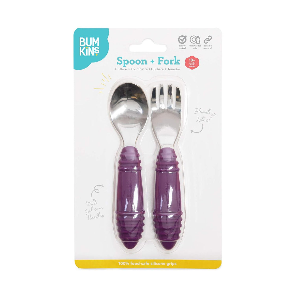 Bumkins Toddler Utensils, Kids Size Fork and Spoon Set, Silicone and Stainless-Steel Training