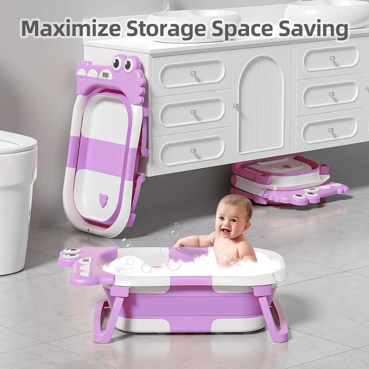 TPN Collapsible Baby Bathtub, Baby Bath Tub with Soft Cushion & Real-Time Thermometer, Baby Bathtub