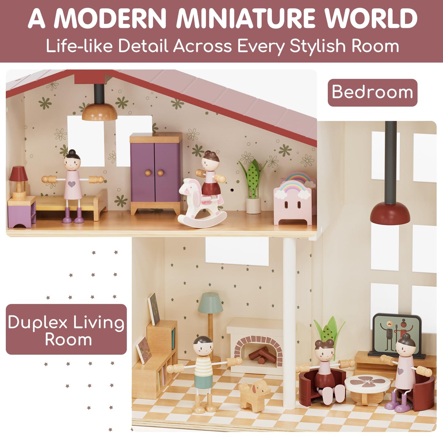 Lehoo Castle Wooden Dollhouse for Girls, Doll House with 5 Rooms DIY Play