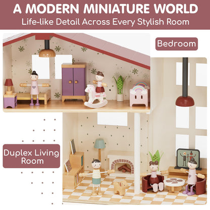 Lehoo Castle Wooden Dollhouse for Girls, Doll House with 5 Rooms DIY Play