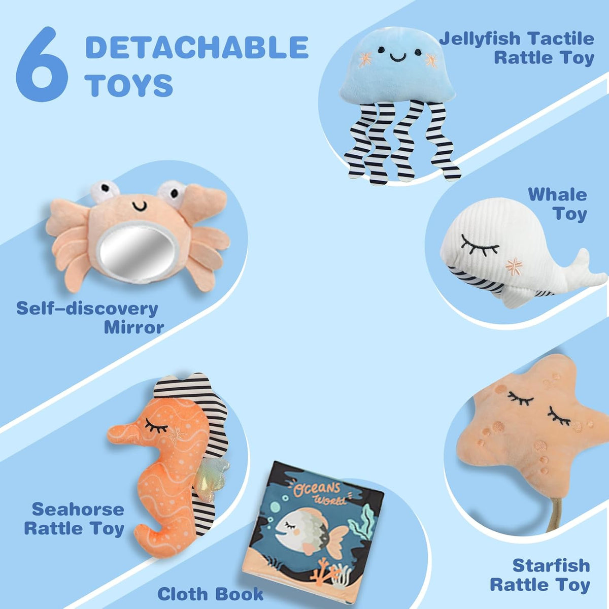 Baby Play Mat, Oversize Shell Tummy Time Mat with 6 Detachable Baby Activity Toys, Baby Gyms &