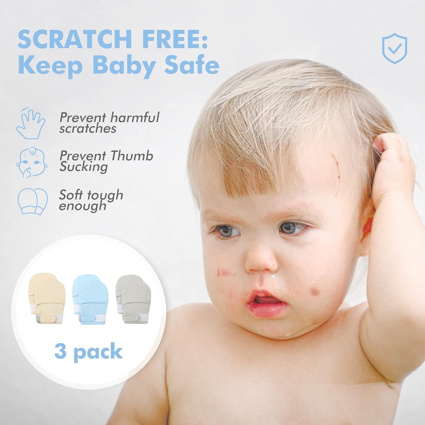 HAPIU Baby No Scratch Mittens Stay On, 100% Cotton Breathable, Adjustable Infant Gloves for Boys