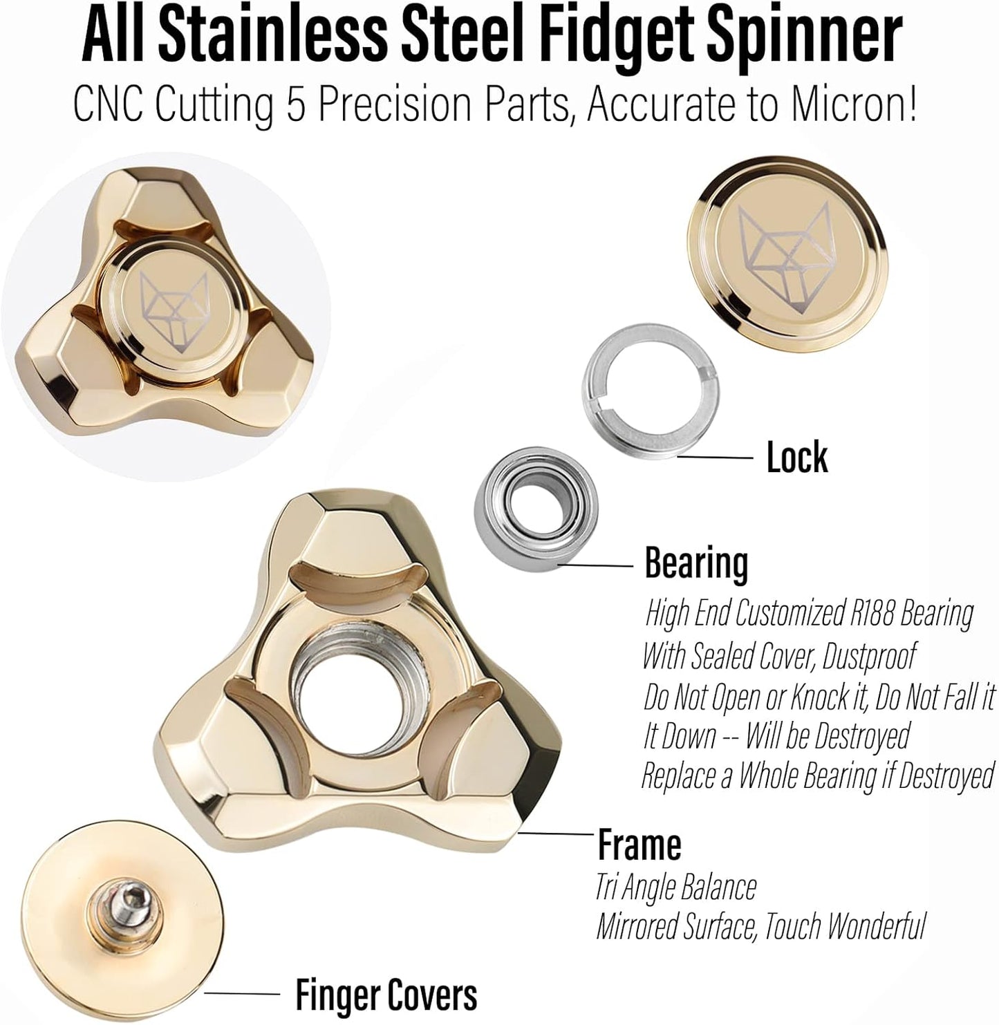 FREELOVE Metal Fidget Spinner, Stainless Steel Heavy, Long Spinning Toys, Cool Silent, Small Mini