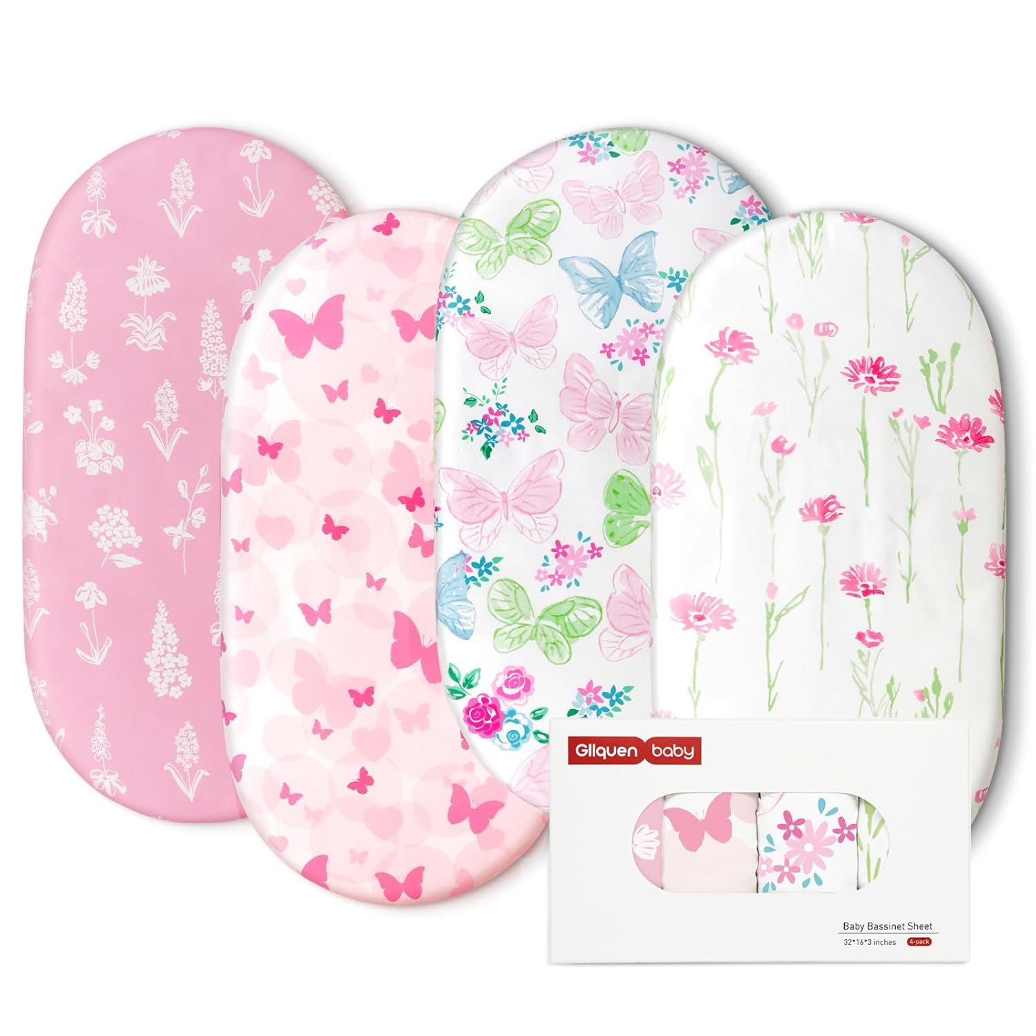 Gllquen Baby Bassinet Sheets 4 Pack, Breathable Cozy Fitted Mattress Sheet, Elastic Travel Crib
