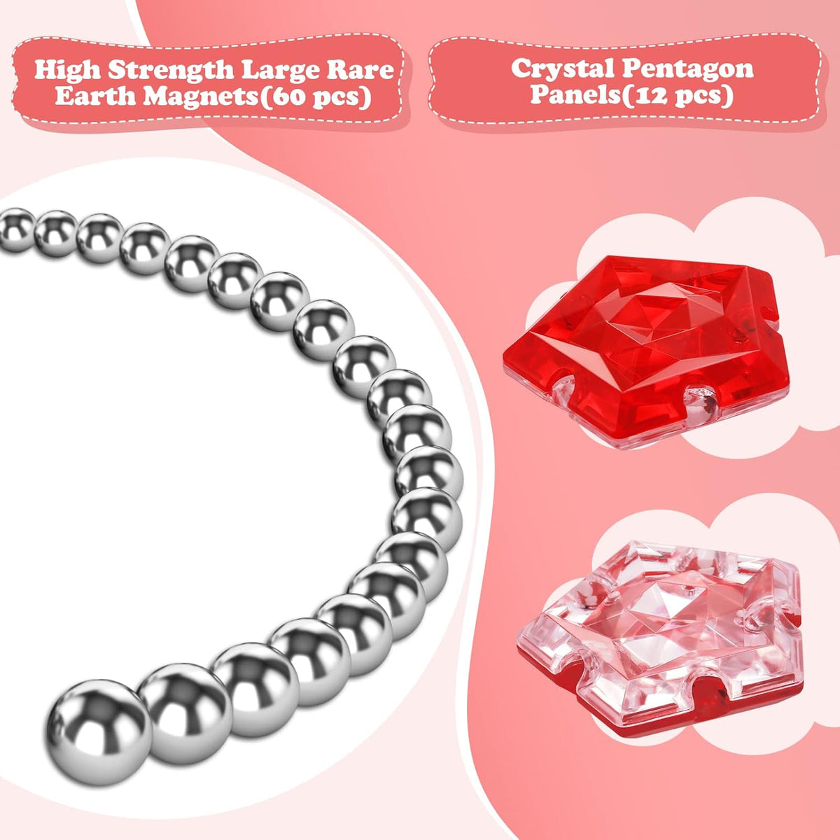 RoomyRoc Magnetic Fidget Sphere - Pentagons Magnets Balls - 12 Piece Set - Crystal Red - Magnet