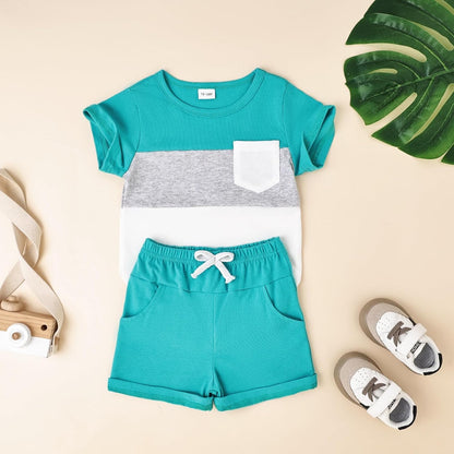 Baby Boy Clothes Toddler Boy Summer Outfits Short Sleeve Patchwork Top T-shirt & Pocket Pant Set 2