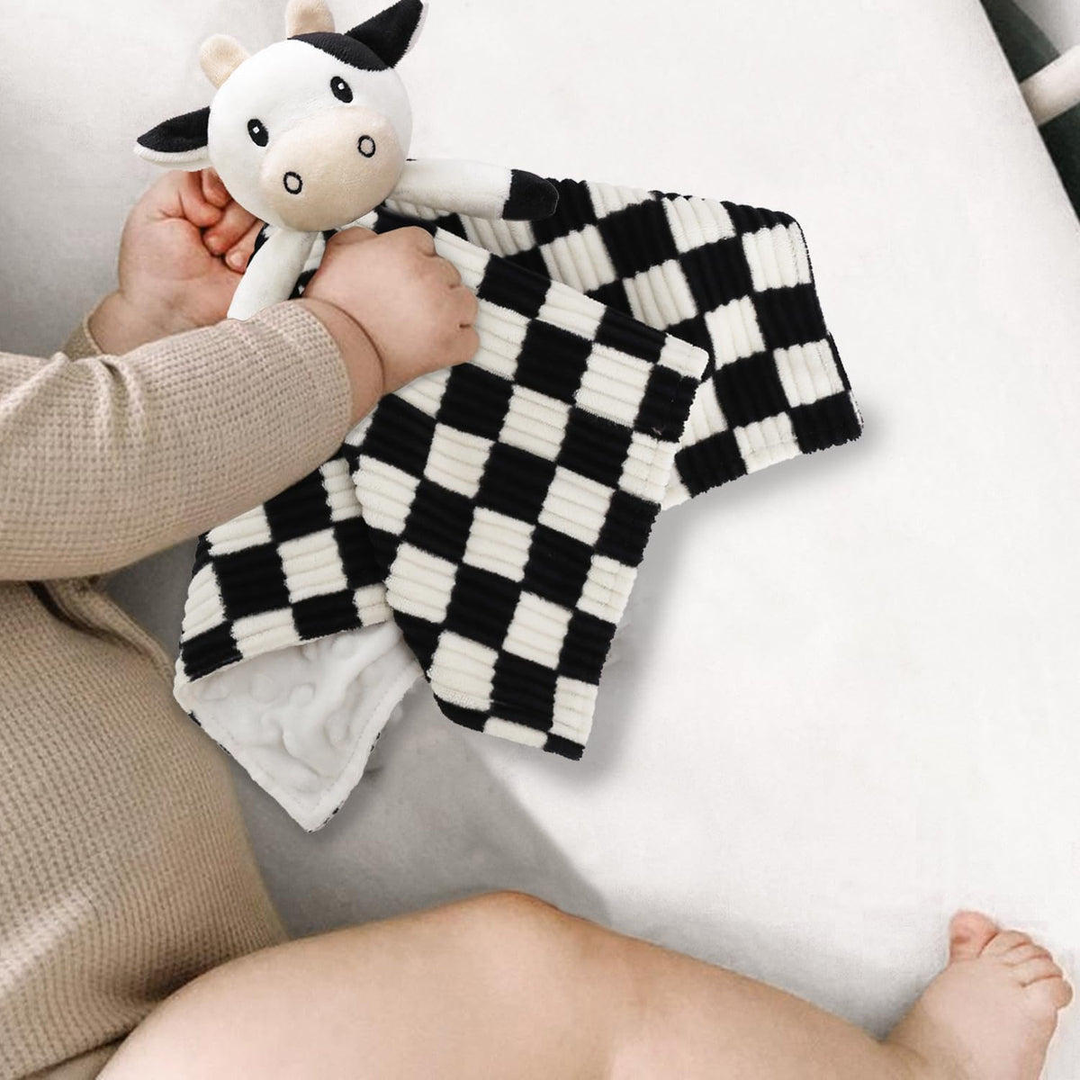 Cow High Contrast Baby Security Blanket for Babies, Soft 3D Checkerboard Lovey with Minky Dot