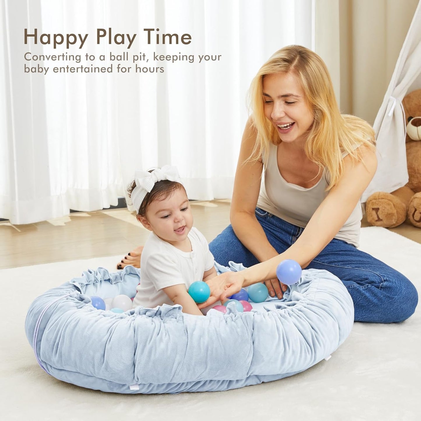 ANGELBLISS 5 in 1 Baby Play Gym Mat, Reversible Tummy Time Mat with 5 Sensory Toys for Stage-Based