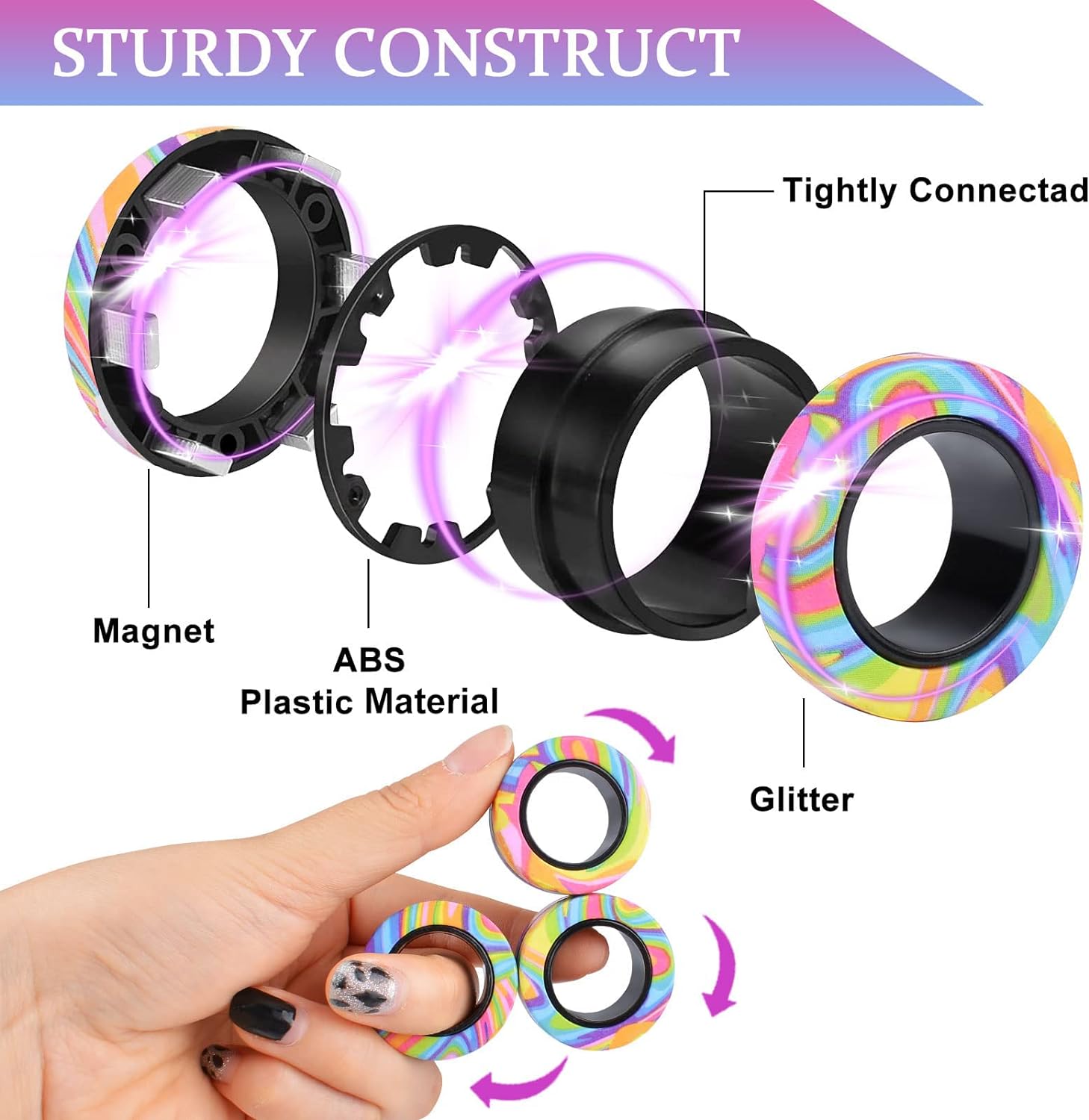 3Pcs Magnetic Rings Fidget Toy Set, ADHD Anxiety Magnetic Fidget Toys Adults Fidget Spinner Rings