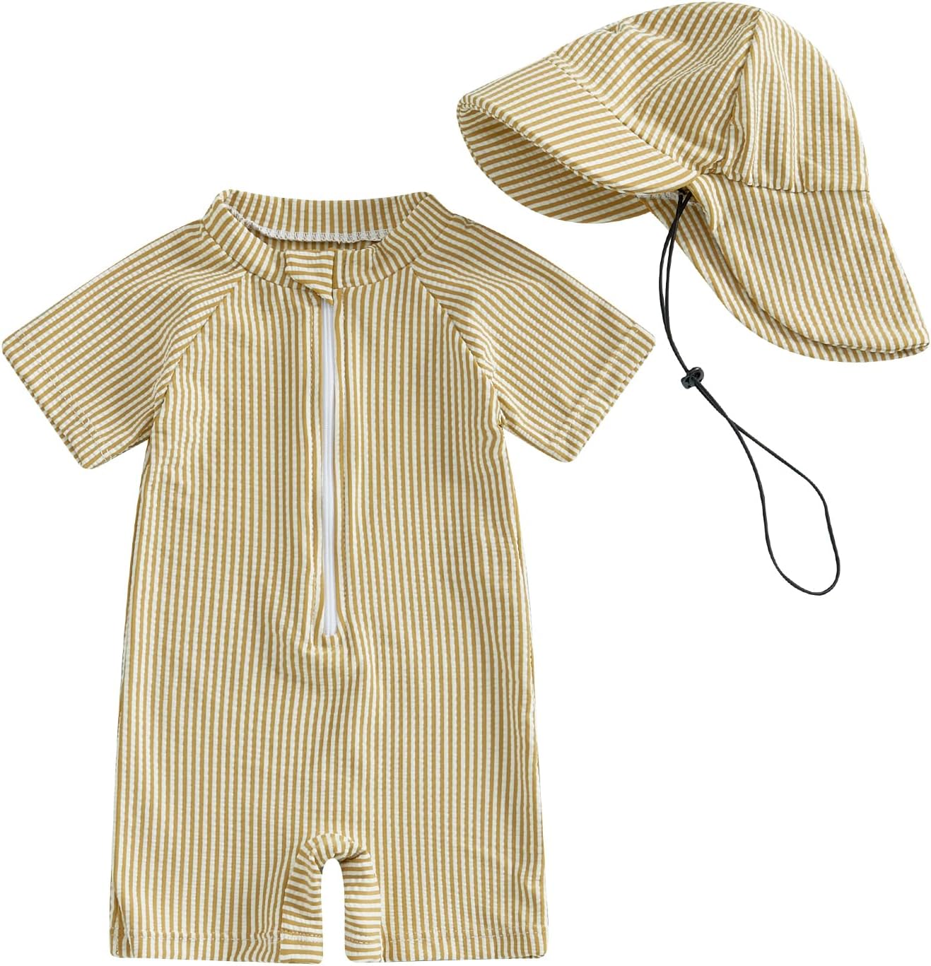 Toddler Baby Boys Seersucker Short Sleeve One Piece Rash Guard Swimsuit Zipper Bathing Suit
