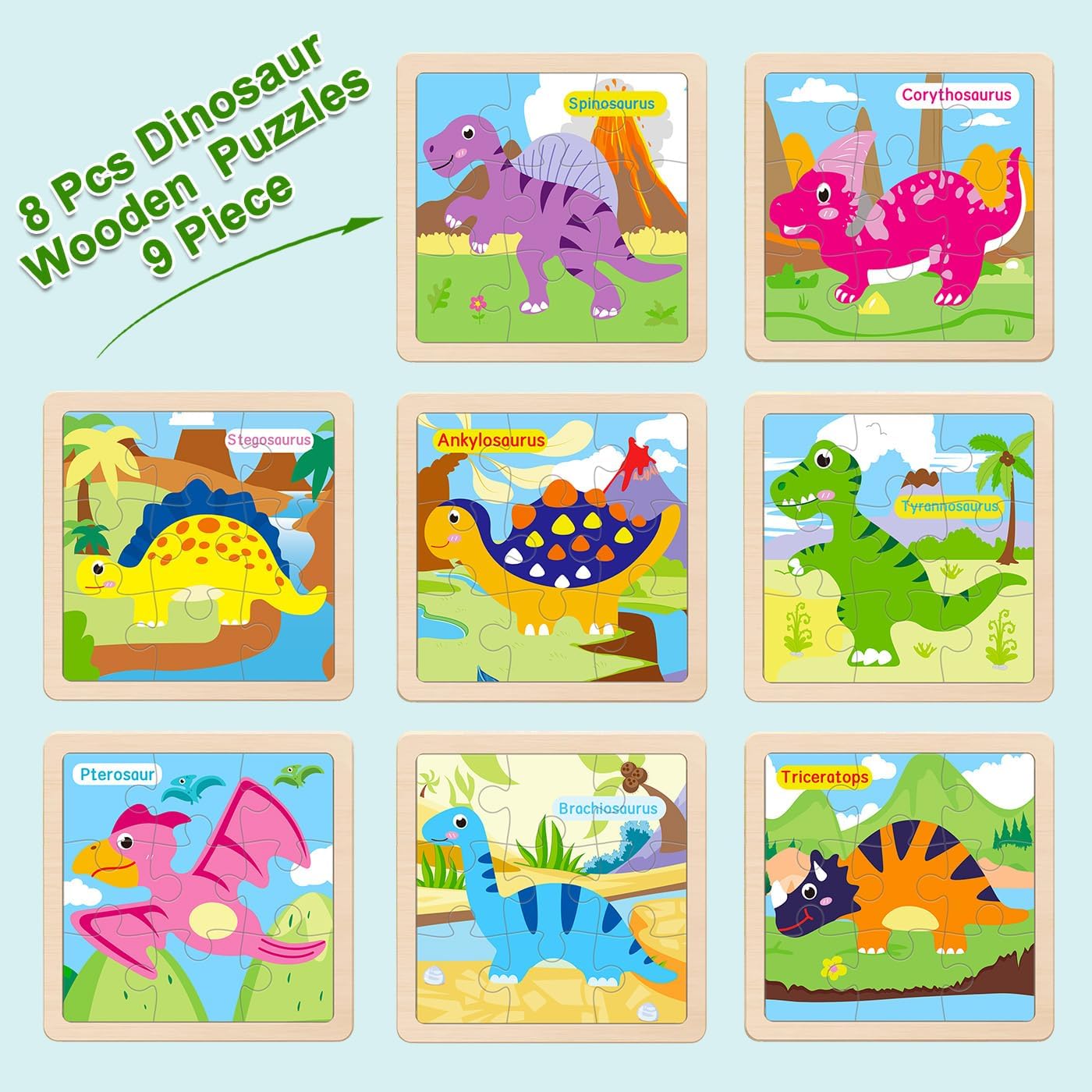 Wooden Puzzles for Toddlers 2-4, 9 Pieces Dinosaur Jigsaw Puzzles for Kids Ages 3-5, Preschool