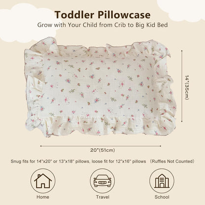 BuLuTu 2 Layers Muslin Cotton Toddler Pillowcase, 1 pc, 14"x20", Cute Pink Flower with Sheep