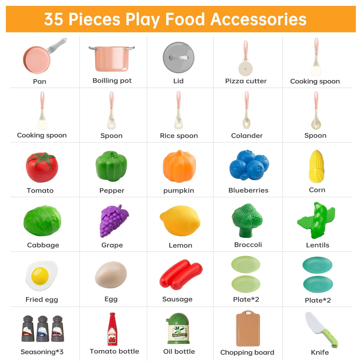 35Pcs Kids Kitchen Toy Accessories, Toddler Pretend Cooking Playset with Play Pots, Pans, Utensils